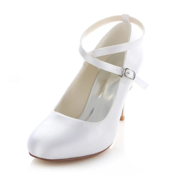 Classic White Satin Bridal Wedding Shoes 3 Inch High Heels Stiletto Pumps With Ankle Strap
