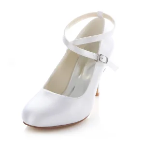 Klassische Weiße Satin Brautschuhe 8 Cm Hohe Absätze Stiletto Pumps Mit Knöchelriemen