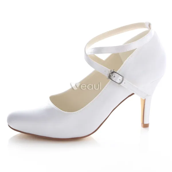 Classic White Satin Bridal Wedding Shoes 3 Inch High Heels Stiletto Pumps With Ankle Strap