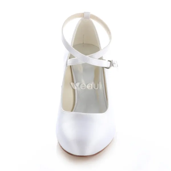 Classic White Satin Bridal Wedding Shoes 3 Inch High Heels Stiletto Pumps With Ankle Strap