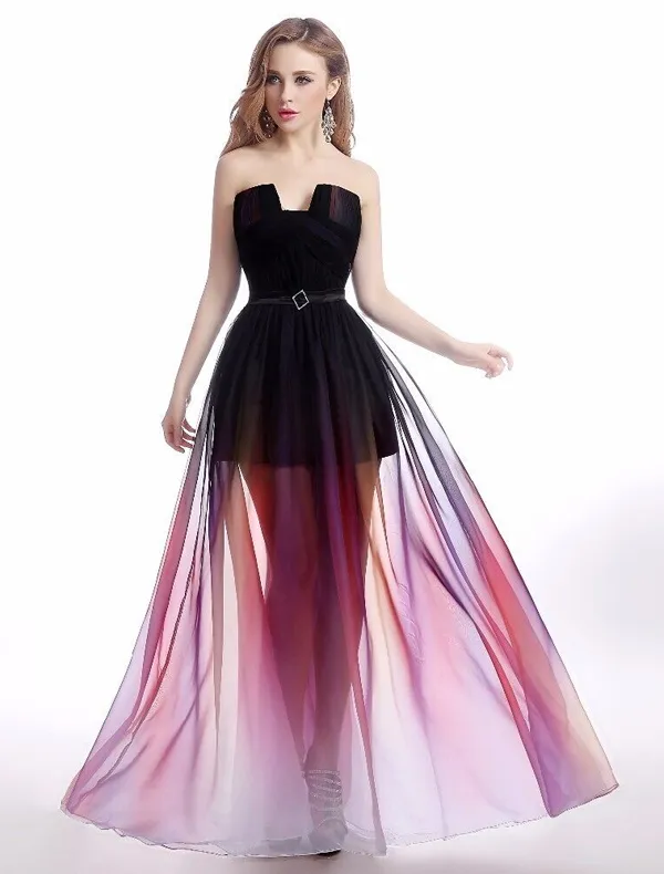 Sexy Cocktail Partykleider 2016 Trägerlos Gradienten Farbe Chiffon Transparenten Kleid