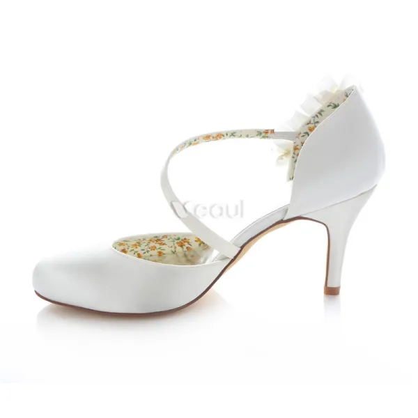 Elegant White Satin Bridal Shoes Stiletto Heels Pumps With Pearl