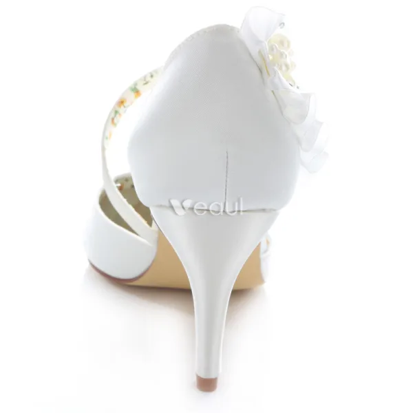 Elegant White Satin Bridal Shoes Stiletto Heels Pumps With Pearl