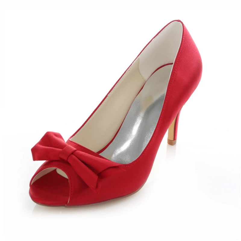 Elegant Red Satin Bridal Shoes Stiletto Heels Pumps Peep Toe with Bow