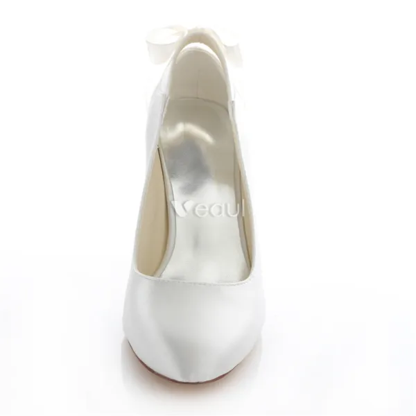 Elegant White Satin Bridal Shoes Stiletto Heels Pumps With Bow Knot