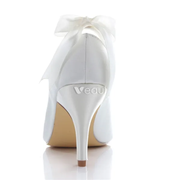 Elegant White Satin Bridal Shoes Stiletto Heels Pumps With Bow Knot