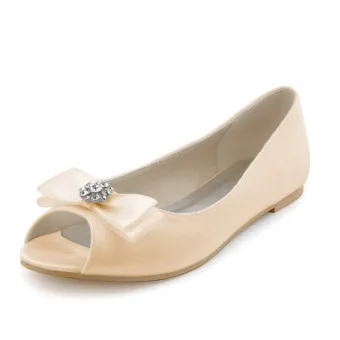 Zapatos De Novia De Champán De La Vendimia Bombas De Boda Plano Con Bowknot