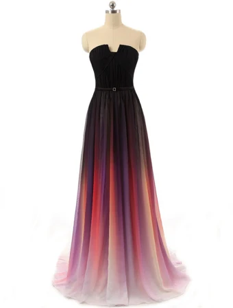 Fashion Evening Dresses 2016 Strapless Gradient Color Silk Chiffon Backless Long Dress