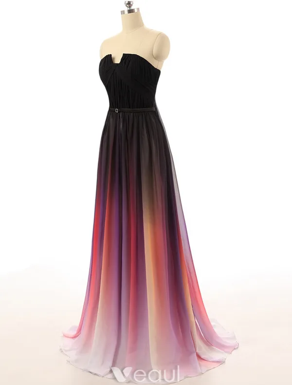 Fashion Evening Dresses 2016 Strapless Gradient Color Silk Chiffon Backless Long Dress