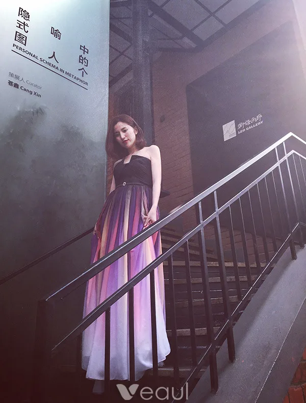 Fashion Evening Dresses 2016 Strapless Gradient Color Silk Chiffon Backless Long Dress