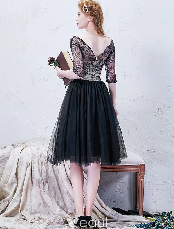 Beautiful Little Black Graduation Dresses 2016 A-line V-neck Ruffled Tulle With Lace Sleeves Knee Length Dress