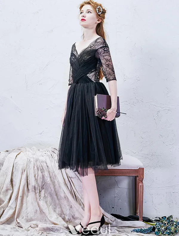 Beautiful Little Black Graduation Dresses 2016 A-line V-neck Ruffled Tulle With Lace Sleeves Knee Length Dress