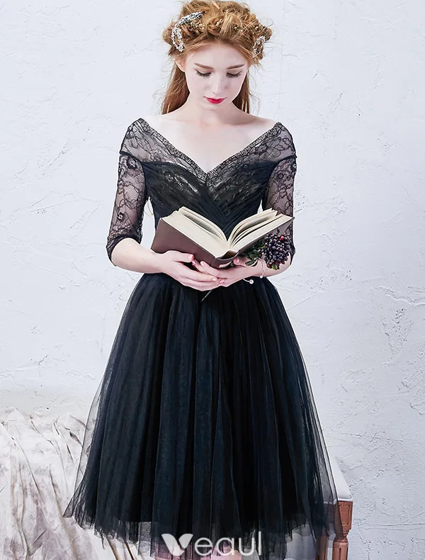 Beautiful Little Black Graduation Dresses 2016 A-line V-neck Ruffled Tulle With Lace Sleeves Knee Length Dress