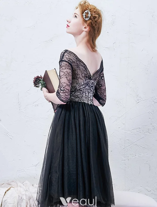Beautiful Little Black Graduation Dresses 2016 A-line V-neck Ruffled Tulle With Lace Sleeves Knee Length Dress