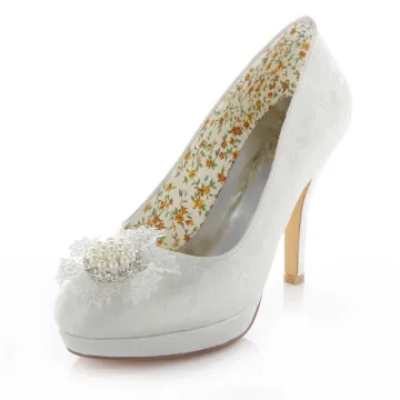 Elegant Ivory Bridal Shoes Stiletto Heels Satin Wedding Pumps 4 Inch High Heel With Pearl