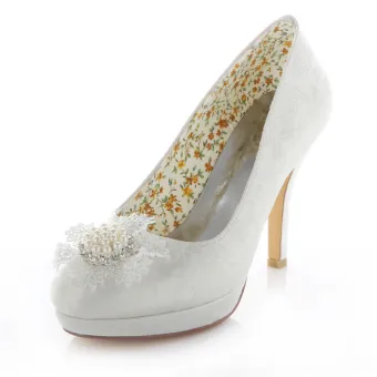 Elegant Ivory Bridal Shoes Stiletto Heels Satin Wedding Pumps 4 Inch High Heel With Pearl