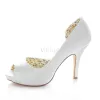 Classic White Satin Bridal Shoes Stiletto Heels Pumps 4 Inch High Heel Peep Toe