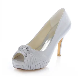 Classic Sølv Sateng Brudesko Stiletthæler Pumps 10cm Høy Hæl Peep Toe