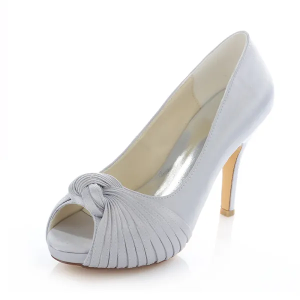 Classic Silver Satin Bridal Shoes Stiletto Heels Pumps 4 Inch High Heel Peep Toe
