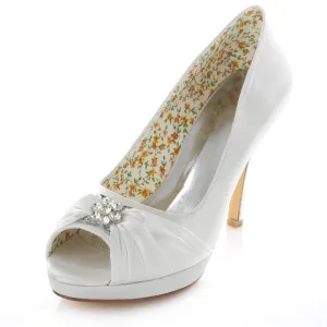 Classic White Satin Bridal Shoes Stiletto Heels 4 Inch High Heel Peep Toe Pumps With Crystal