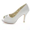 Classic White Satin Bridal Shoes Stiletto Heels 4 Inch High Heel Peep Toe Pumps With Crystal