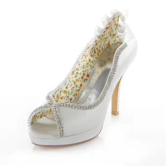 Elegant Wedding Shoes 2016 White Satin Stiletto Heels Pumps 4 Inch High Heel Peep Toe
