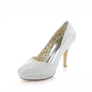 Elegant Sateng Brudesko Hvite Stiletthæler Pumps 10cm Høy Hæl Med Blonder