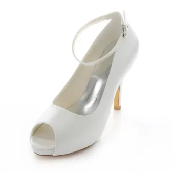 Chaussures De Mariage Élégant De Satin Blanc Talons Aiguilles Escarpin 10cm De Haut Talon Peep Toe