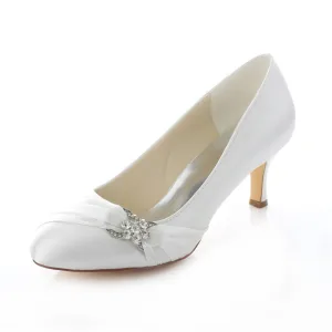 Elegant Satin Wedding Shoes White Stiletto Heels Pumps With Crystal