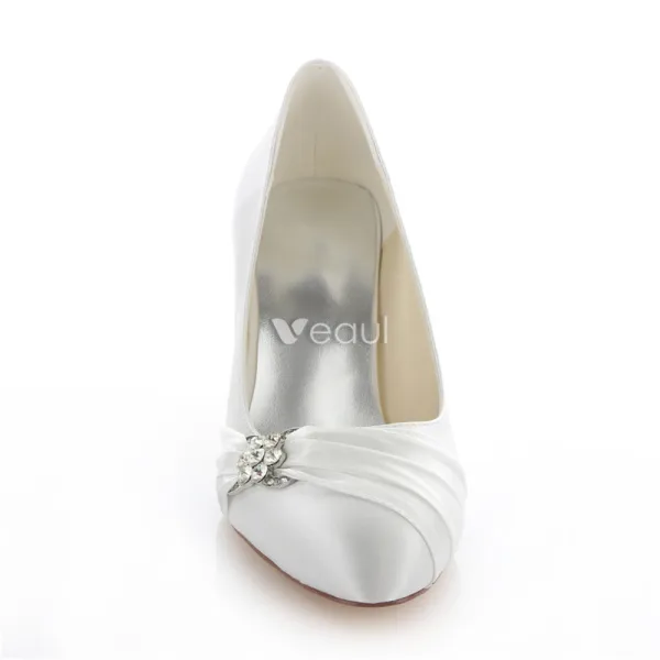 Chaussures De Mariage Élégant De Satin Escarpin Blanc Talon Aiguille Avec Le Cristal