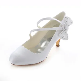 Piękne Satynowe Buty Ślubne Szpilki Białe Czółenka Z Bowknot