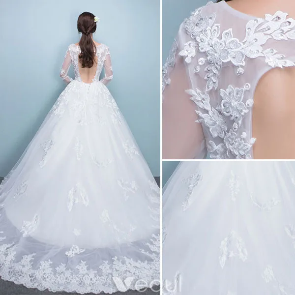 Elegante Bruidsjurk 2017 Ronde Hals Applique Kant Trouwjurken Met Lange Mouwen