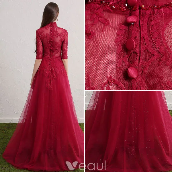 Cheongsam Improved Evening Dresses 2017 High Neck Sequins Applique Lace Burgundy Tulle Occasion Dress