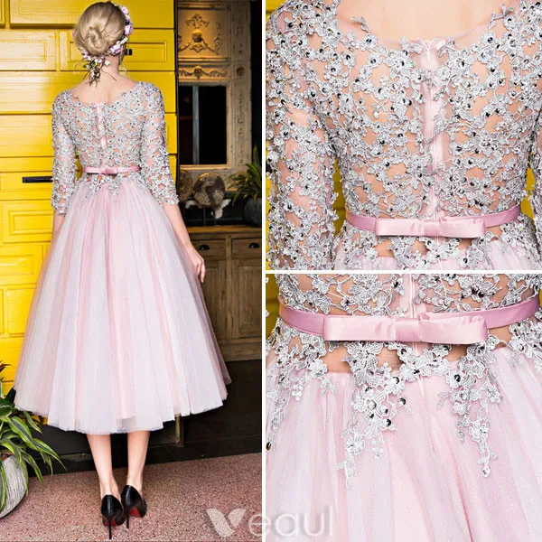 Lovely Graduation Dresses 2017 Scoop Neckline Applique Lace Sequin Tea Length Pink Tulle Dress