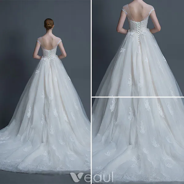 Luxux Hochzeitskleider 2017 Hochgradige Applique Schnürt Sich Helle Champagner-brautkleider Mit Langem Zug
