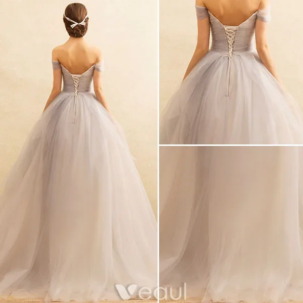 Princess Prom Dresses 2017 Off The Shoulder Mix Grey And Champagne Tulle Occasion Dress