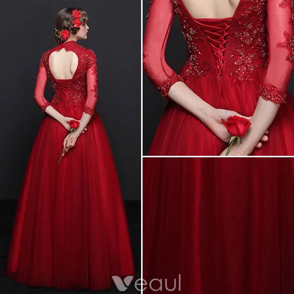 Elegant Cheongsam Improved Evening Dresses 2017 High Neck Sequins Burgundy Tulle Occasion Dress