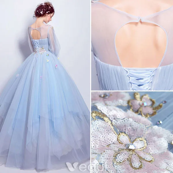 Flower Fairy Prom Dresses 2017 Scoop Neckline Applique Colorful Flowers Ruffle Sky Blue Tulle Occasion Dresses