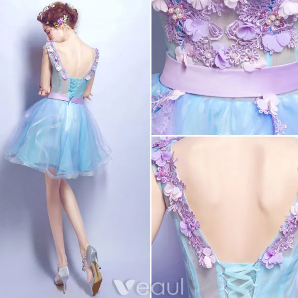 Flower Fairy Prom Dresses 2017 V-neck Applique Petals Ruffle Blue Tulle Occasion Dress