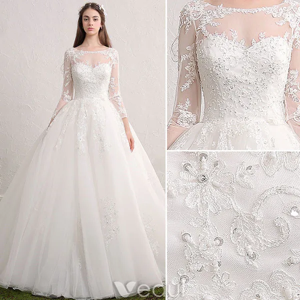 Princess bridal gown 2017 scoop neckline sequin applique lace ruffle tulle wedding dress with long sleeves