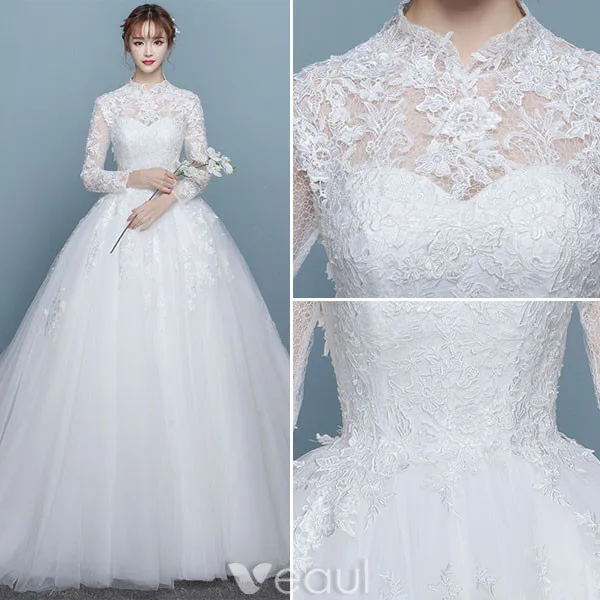 Vintage Wedding Dresses 2017 High Neck Long Sleeves Applique Lace Bridal Gowns