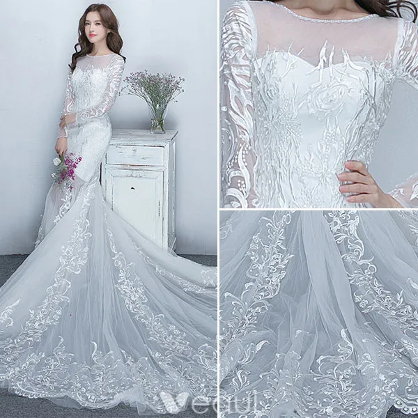 Gorgeous Mermaid Wedding Dresses 2017 Scoop Neckline White Lace Bridal Gowns With Sleeves