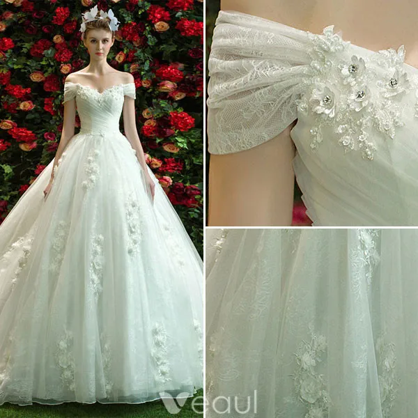 Elegant Wedding Dresses 2017 Off The Shoulder Ruffle Tulle Applique Lace Flowers Bridal Gowns With Train