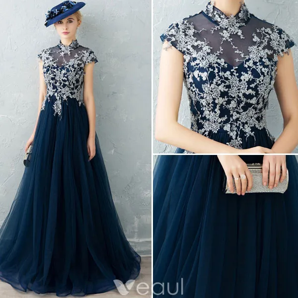 Cheongsam Verbessert Abendkleider 2017 Hohen Hals Bördeln Applikation Spitze Rüsche Marineblau Tüll Kleid