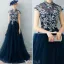 Cheongsam Verbessert Abendkleider 2017 Hohen Hals Bördeln Applikation Spitze Rüsche Marineblau Tüll Kleid