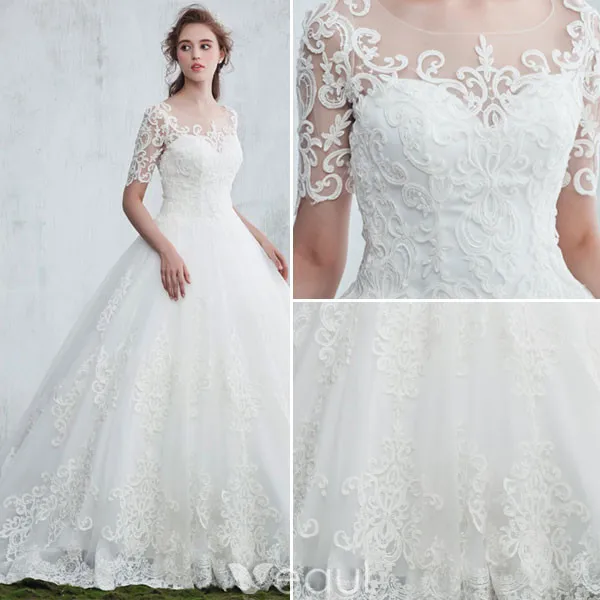 Elegant Wedding Dresses 2017 Scoop Neckline Applique Water Soluble Lace Bridal Gowns