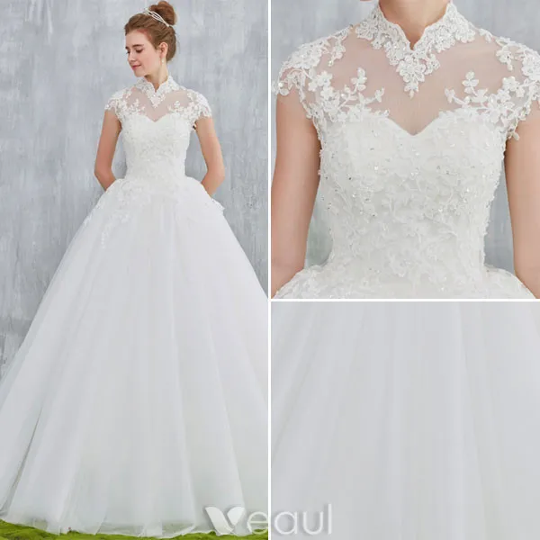 Elegant Wedding Dresses 2017 Vintage Neckline Applique Lace And Sequin White Tulle Bridal Gowns