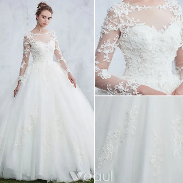 Beautiful Wedding Dresses 2017 Scoop Neck Applique Lace White Tulle Bridal Gowns