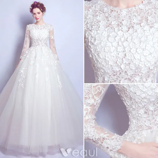 Princess A-line Wedding Dresses 2017 Scoop Neck Applique Flowers And Laces White Tulle Bridal Gowns