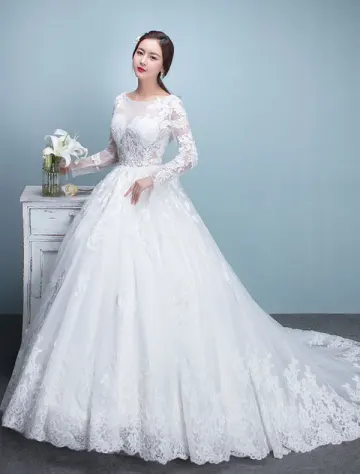 Elegantes Hochzeitskleider 2017 Scoop Ausschnitt Applique Spitze Brautkleider Mit Langen Ärmeln